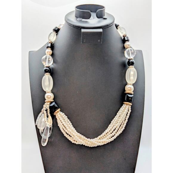 Vintage Black Clear Faux Pearl Multi Strand Side Tassel Hook Clasp 26" Necklace - Picture 1 of 7